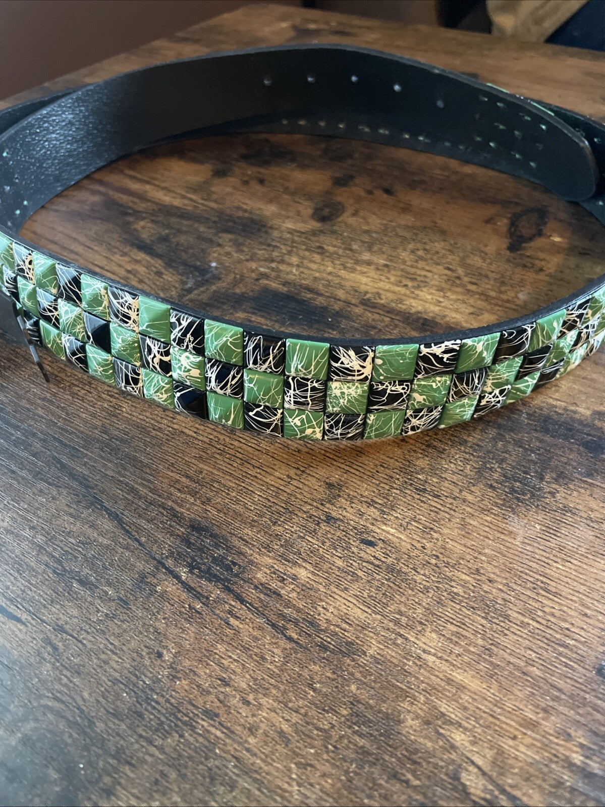 Black Faux Leather Studded Belt Green Black Studs Urban Streetwear Adjustable