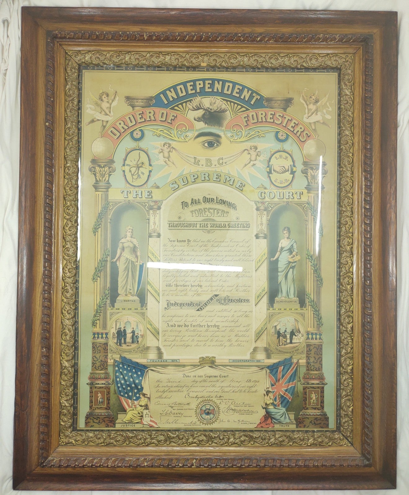 Vintage IOF Independent Order of Foresters Framed Membership Certificate