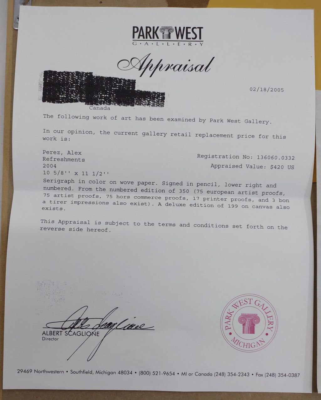 Alex Perez Refreshments Hand Signed Serigraph #17/350 Framed Art