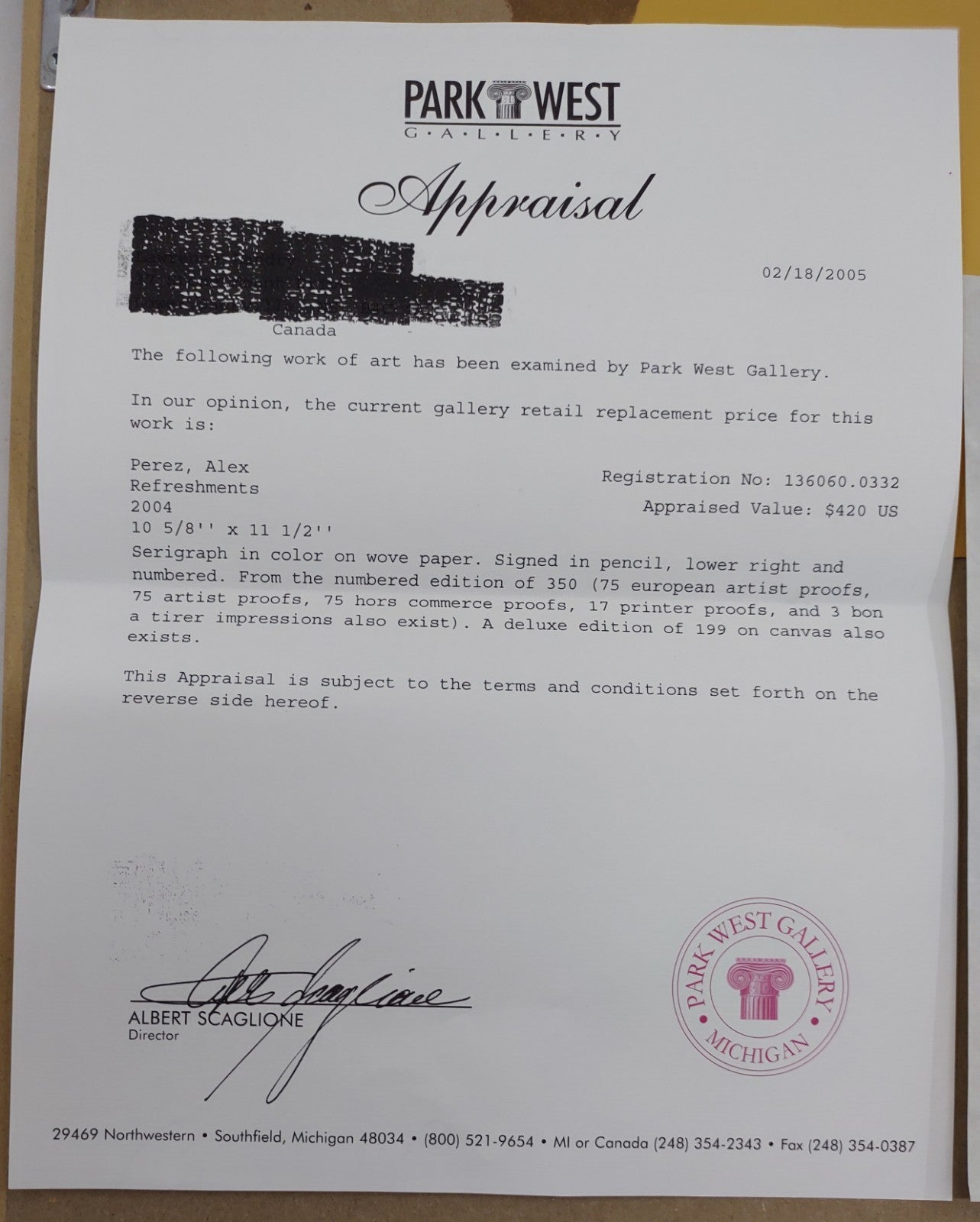 Alex Perez Refreshments Hand Signed Serigraph #17/350 Framed Art