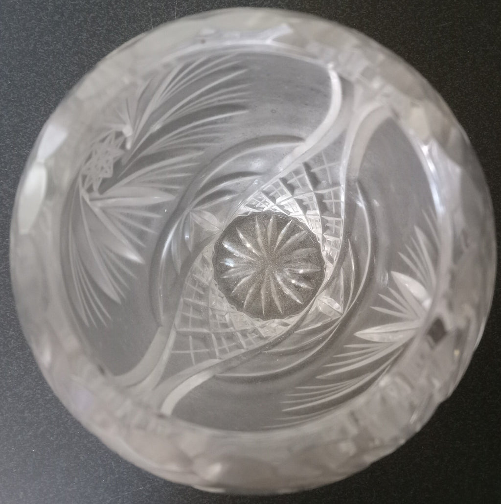 Vintage Cut Crystal Bowl – Star Pinwheel Pattern – Heavy Polished Glass