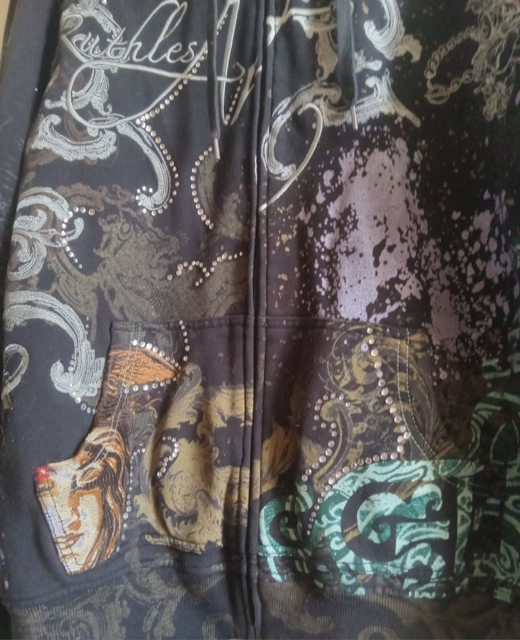 Rawblue Astral Rhinestone Zip Hoodie Black Streetwear Urban Sweater Size XL