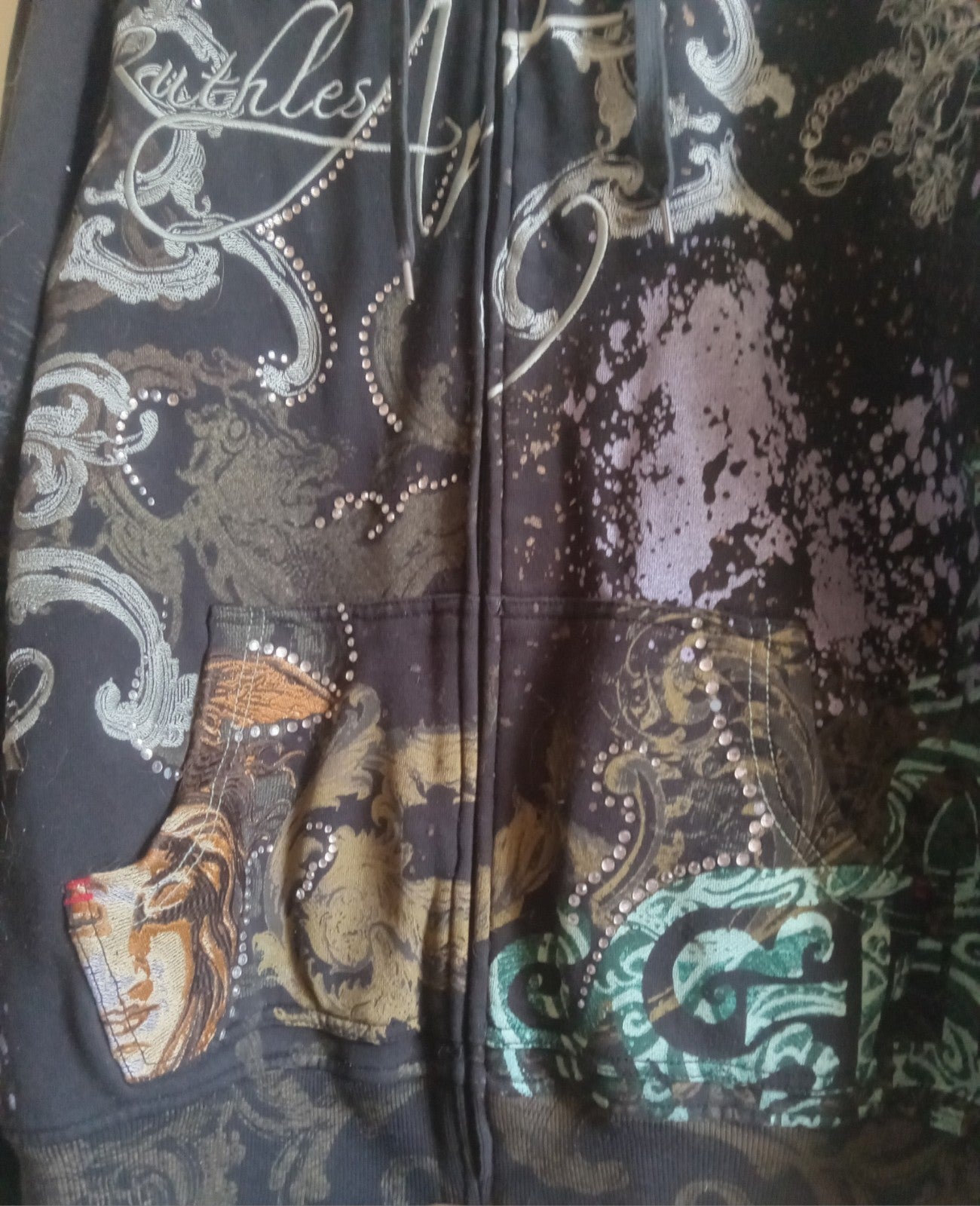 Rawblue Astral Rhinestone Zip Hoodie Black Streetwear Urban Sweater Size XL