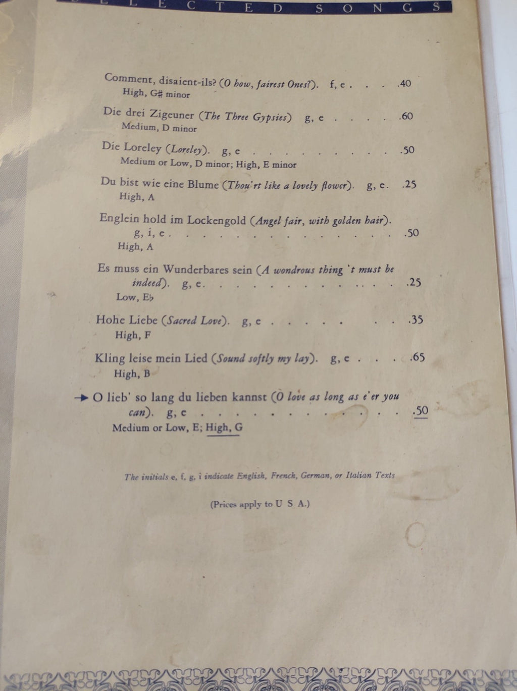 Franz Liszt Selected Songs G Schirmer New York Classical Vocal Sheet