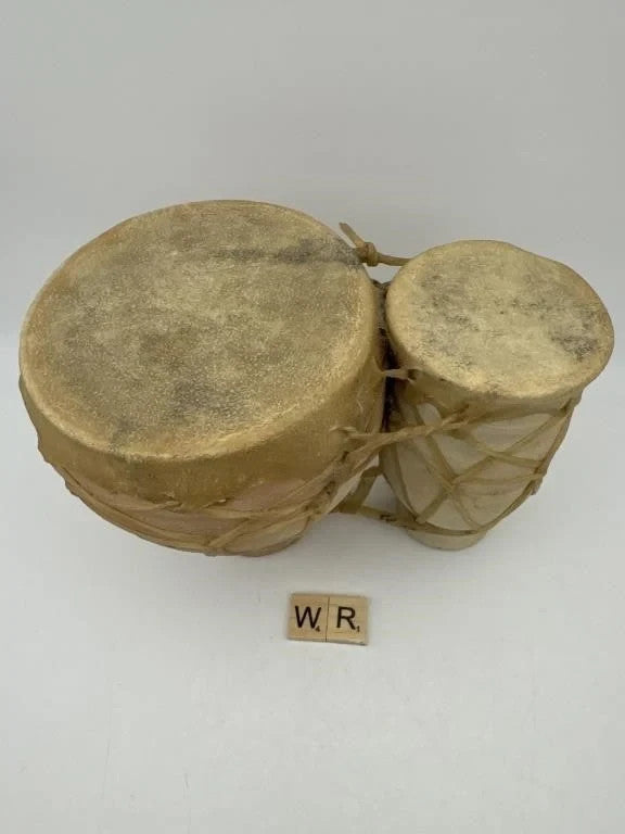 Moroccan Terracotta Bongo Hand Drums - Vintage Primitive Clay Drum Set