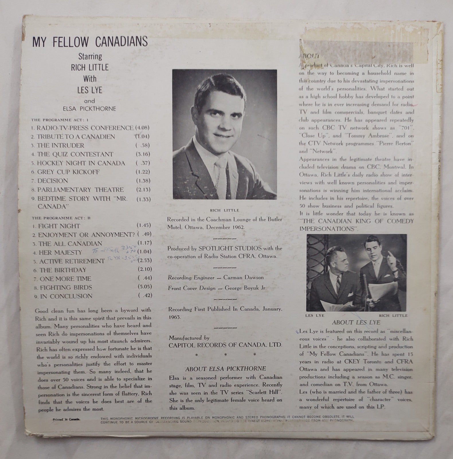 Rich Little My Fellow Canadians LP Capitol T-6028 Canada Comedy Vinyl Record LP