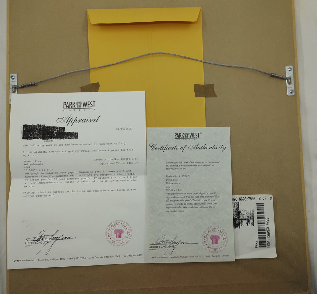 Alex Perez Refreshments Hand Signed Serigraph #17/350 Framed Art