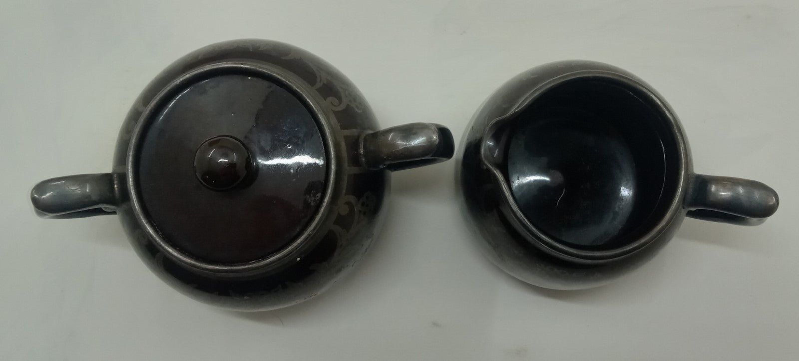 Gibson England Silver Overlay Redware Pottery Sugar Creamer Set Rustic Farm