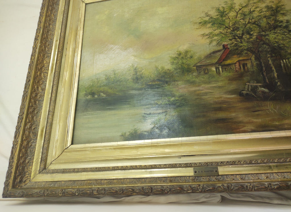 Antique A.S. Austen Original Oil Painting Cottage Lake Landscape Framed
