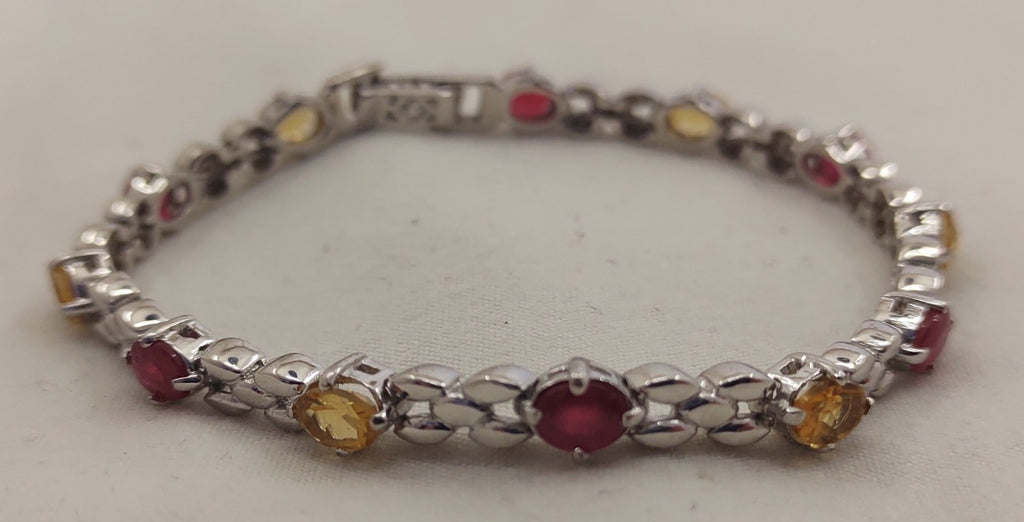 925 Sterling Silver Garnet Citrine Tennis Bracelet 7.5" Gemstone