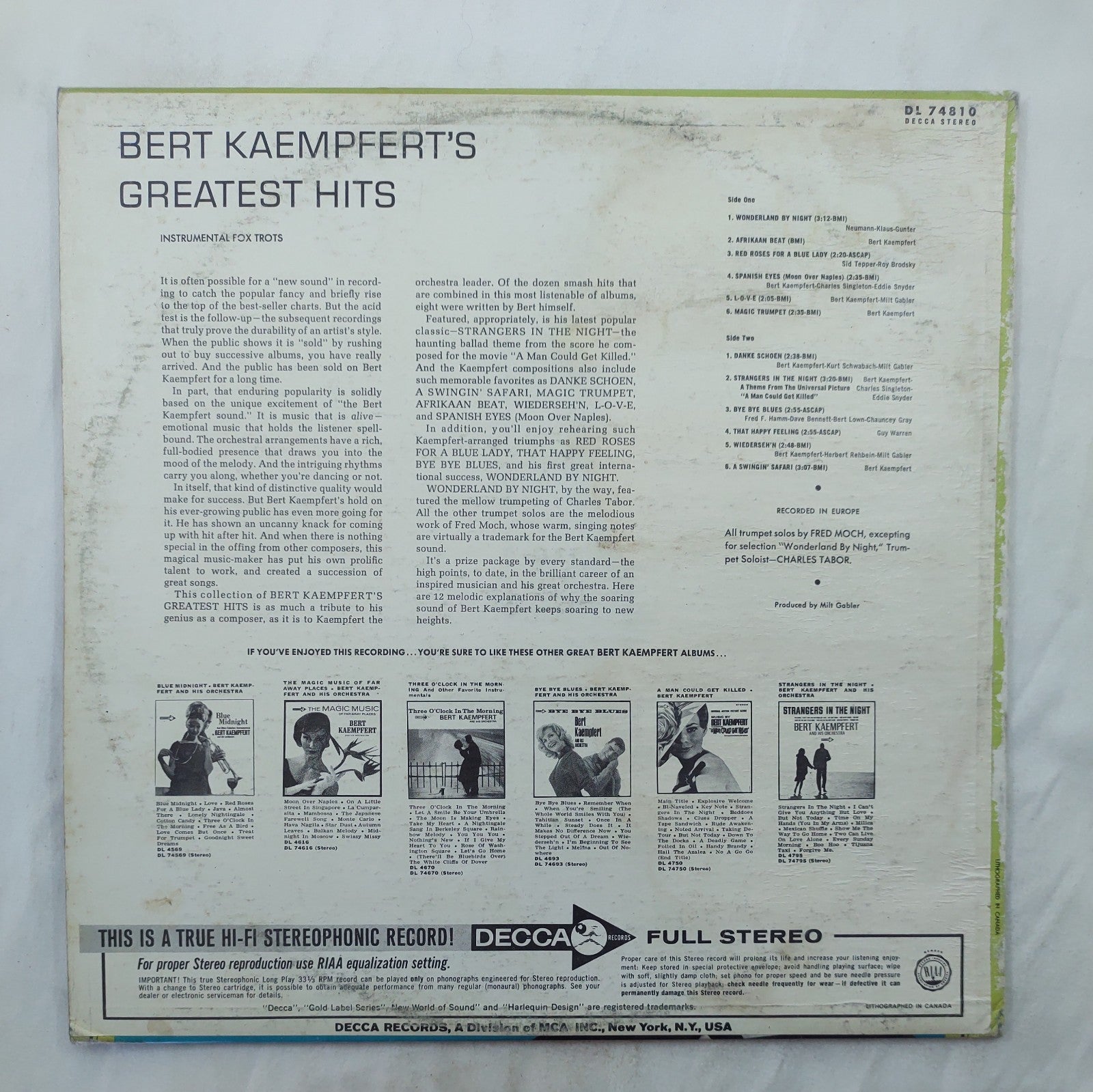Bert Kaempfert – Greatest Hits LP Stereo Decca Rainbow Label DL-74810 Canada