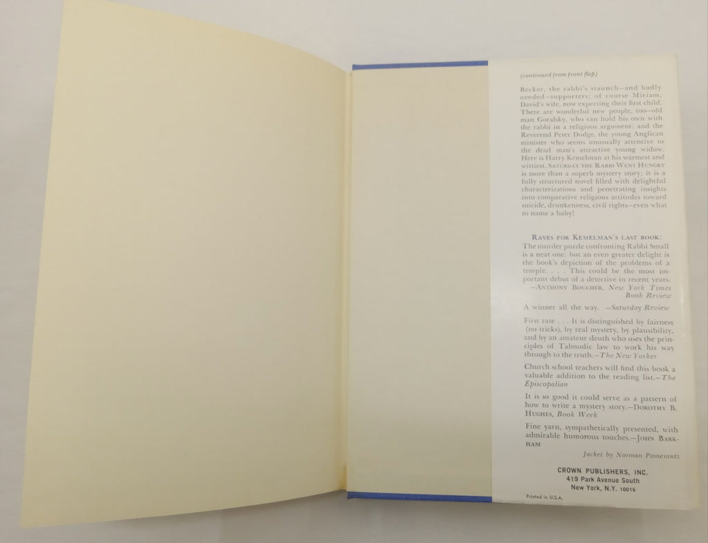 Saturday the Rabbi Went Hungry – VG+ Vintage Mystery Hardcover Book