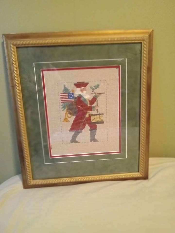 Vintage Framed St. Nick Christmas Handmade Cross Stitch Art – Holiday Decor