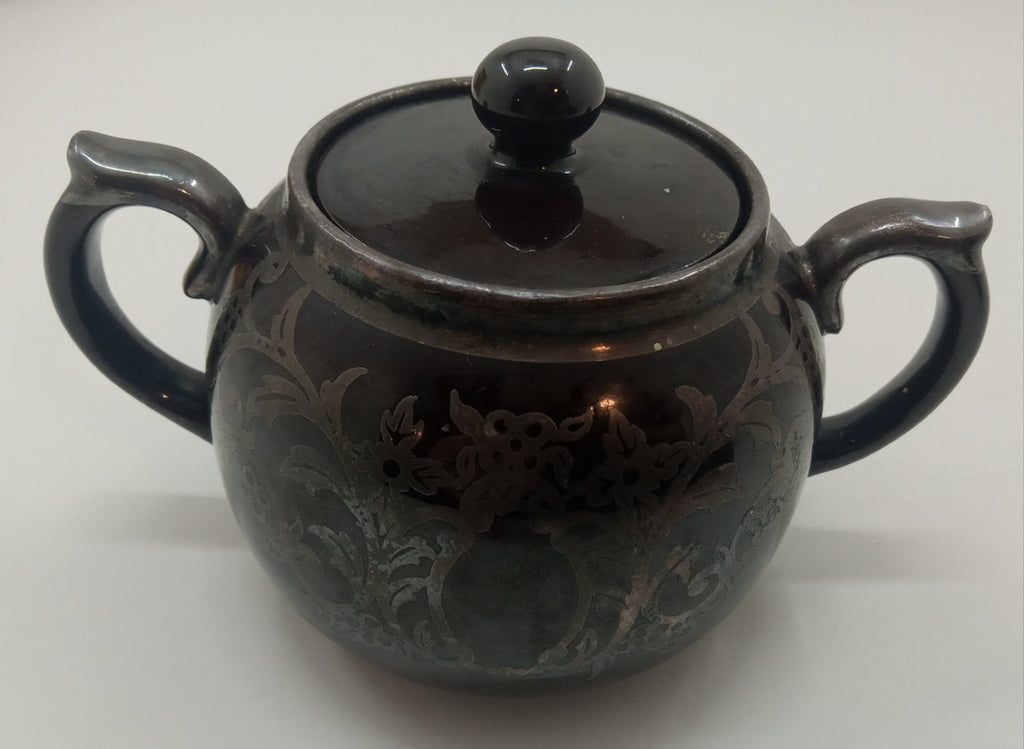 Gibson England Silver Overlay Redware Pottery Sugar Creamer Set Rustic Farm