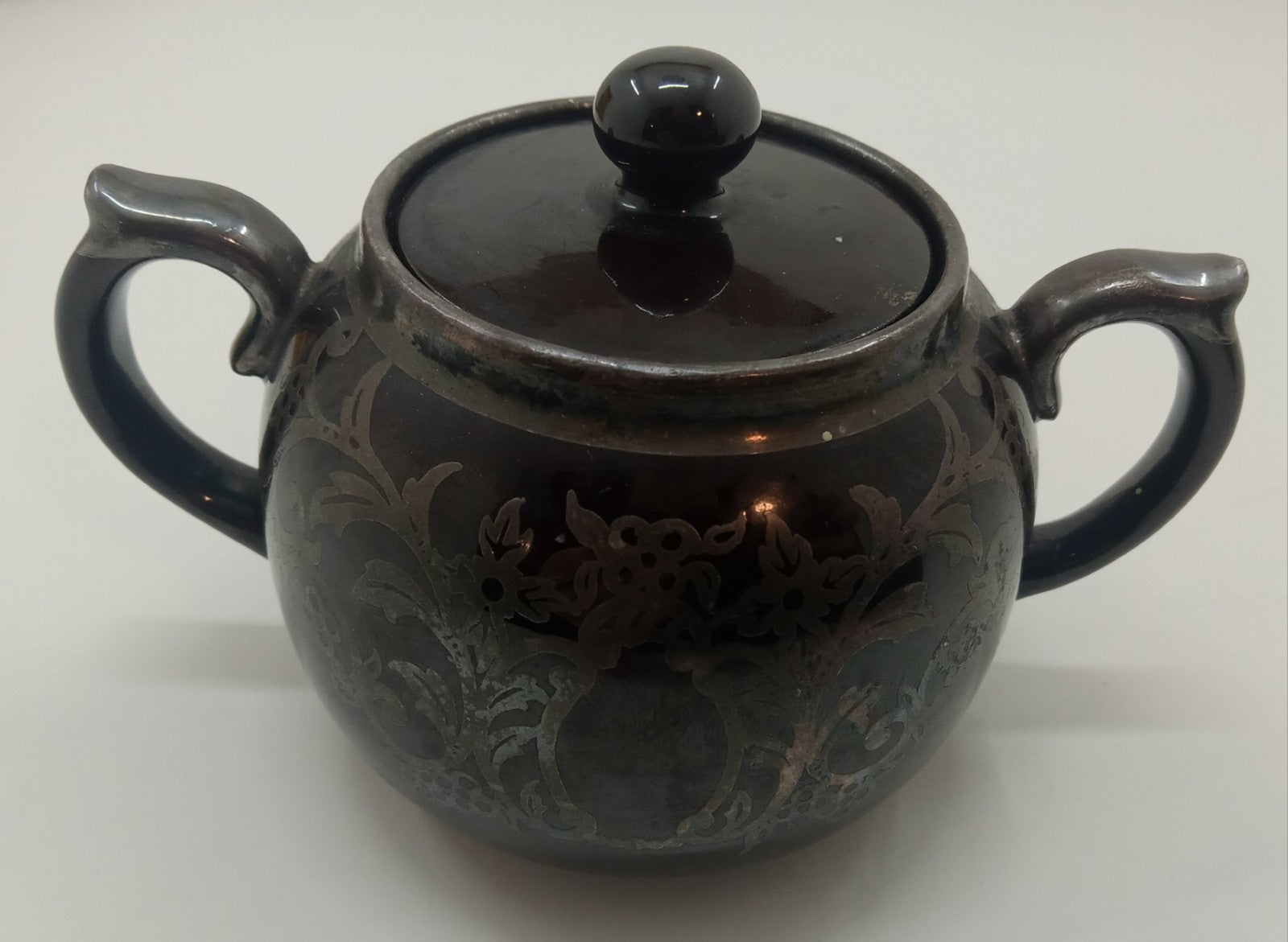 Gibson England Silver Overlay Redware Pottery Sugar Creamer Set Rustic Farm