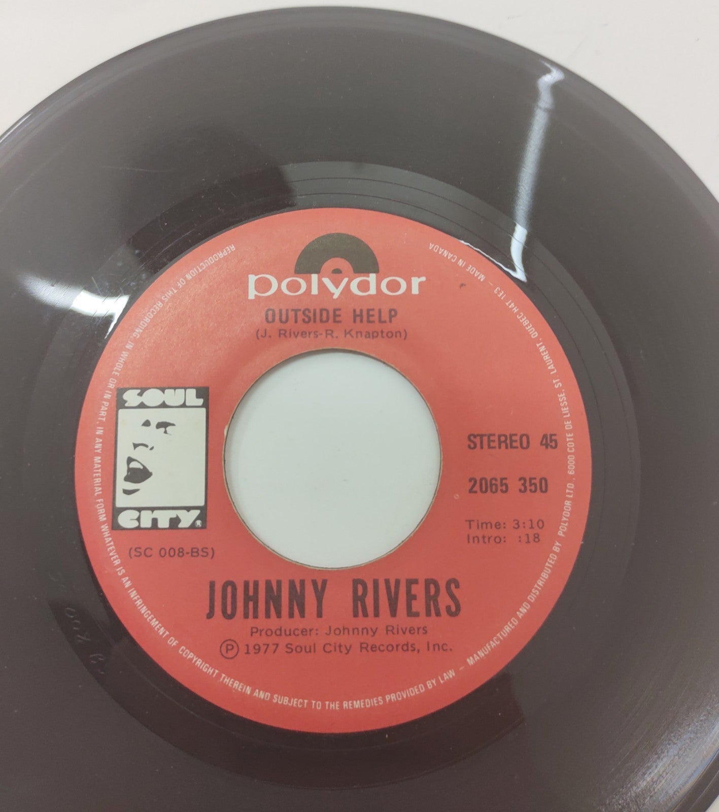Johnny Rivers Outside Help 7" 45 RPM Vinyl Single 1977 Polydor 2065 350