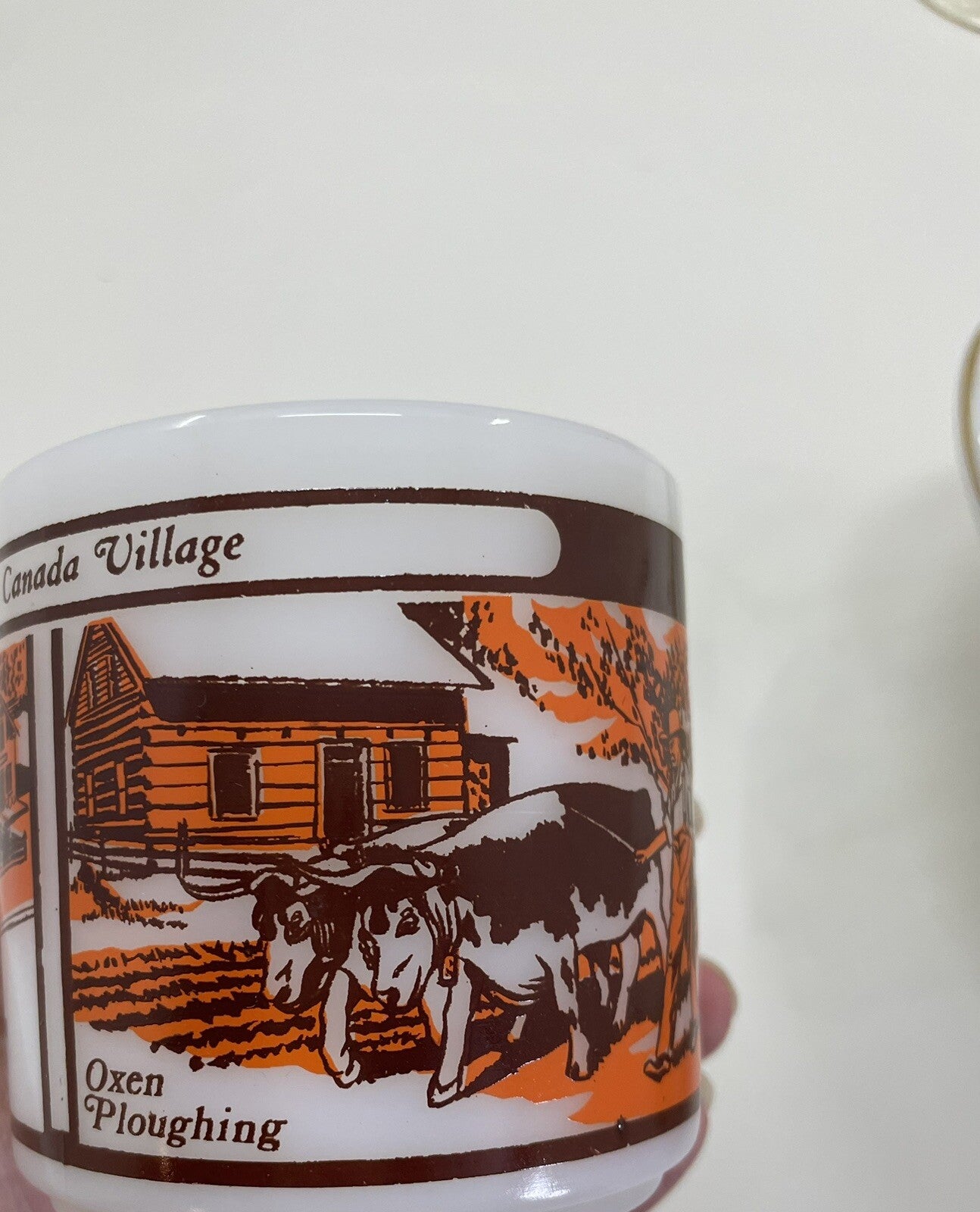 Glasbake Milk Glass Mug Upper Canada Village Souvenir Vintage White Retro