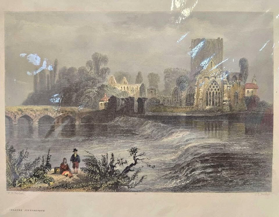 Vintage Irlande Pittoresque Steel Engraving – Hand-Colored Artwork, French Scene