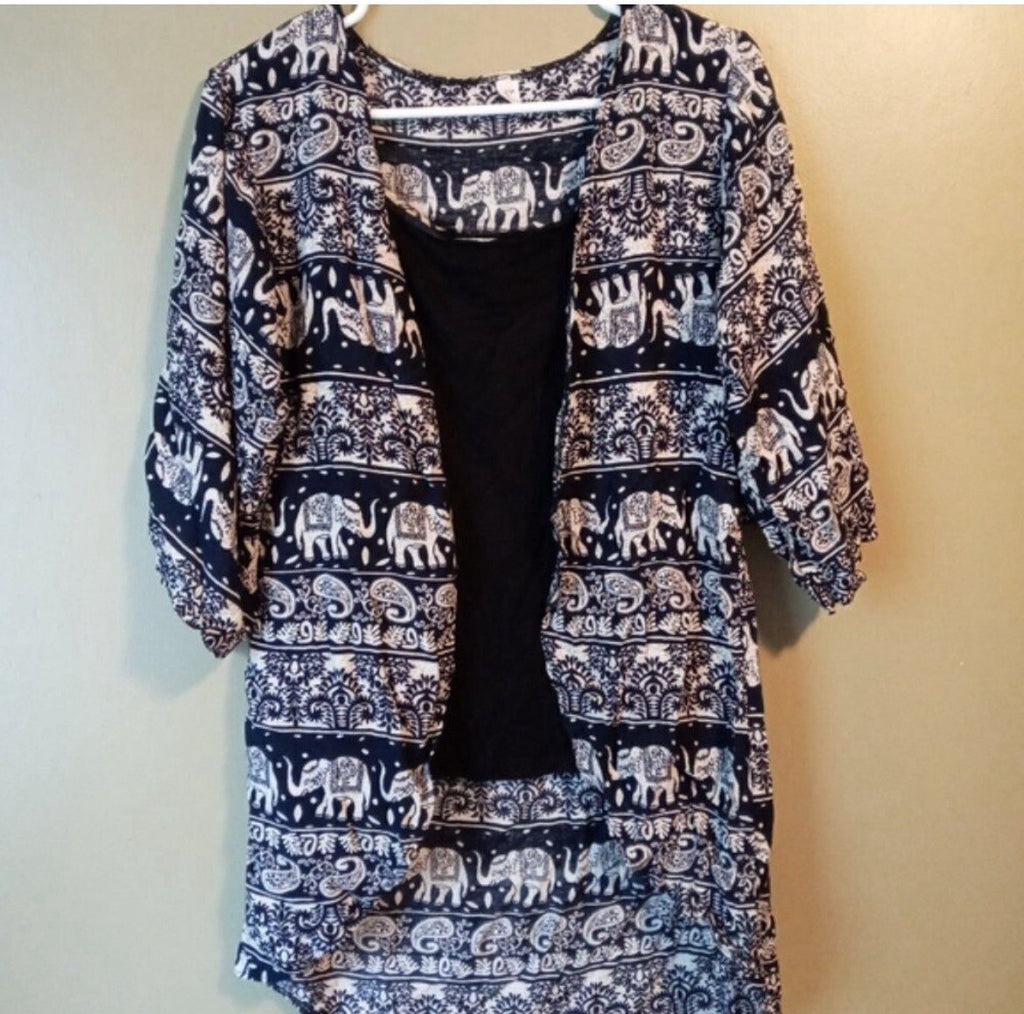 Elephant Boho Print Cardigan Kimono Size Small – Lightweight Outerwear VG