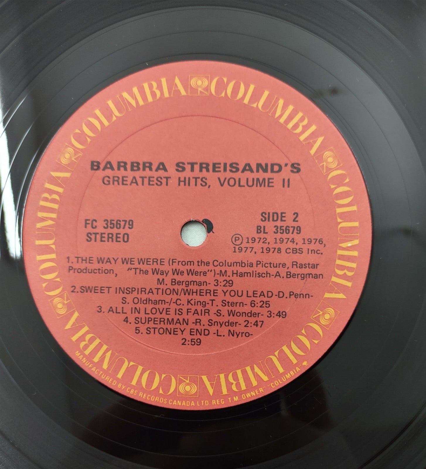 Barbra Streisand Greatest Hits Vol II LP Columbia FC-35679 Canada VocalPop Vinyl