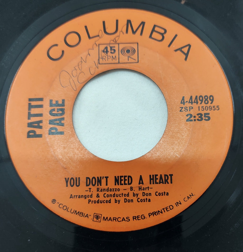 Patti Page – You Don’t Need A Heart 7” Columbia 4-44989 Canada