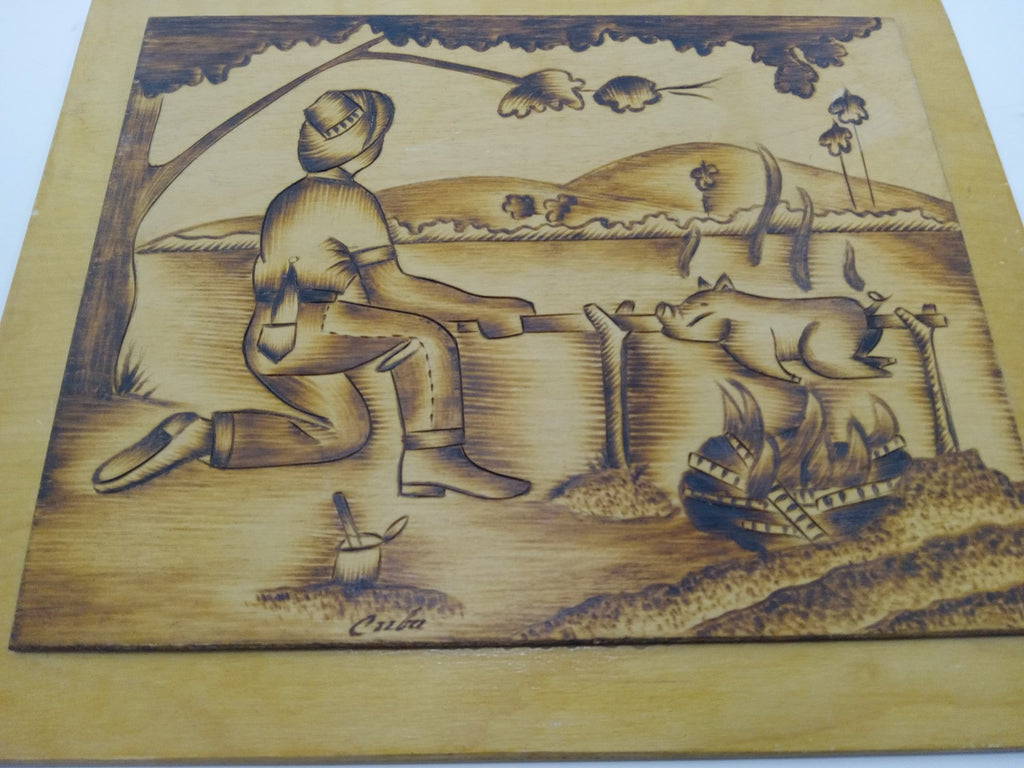 Folk Art Handmade Pig Roast Scene Wood Burned Plaque Kitchen Cabin Decor