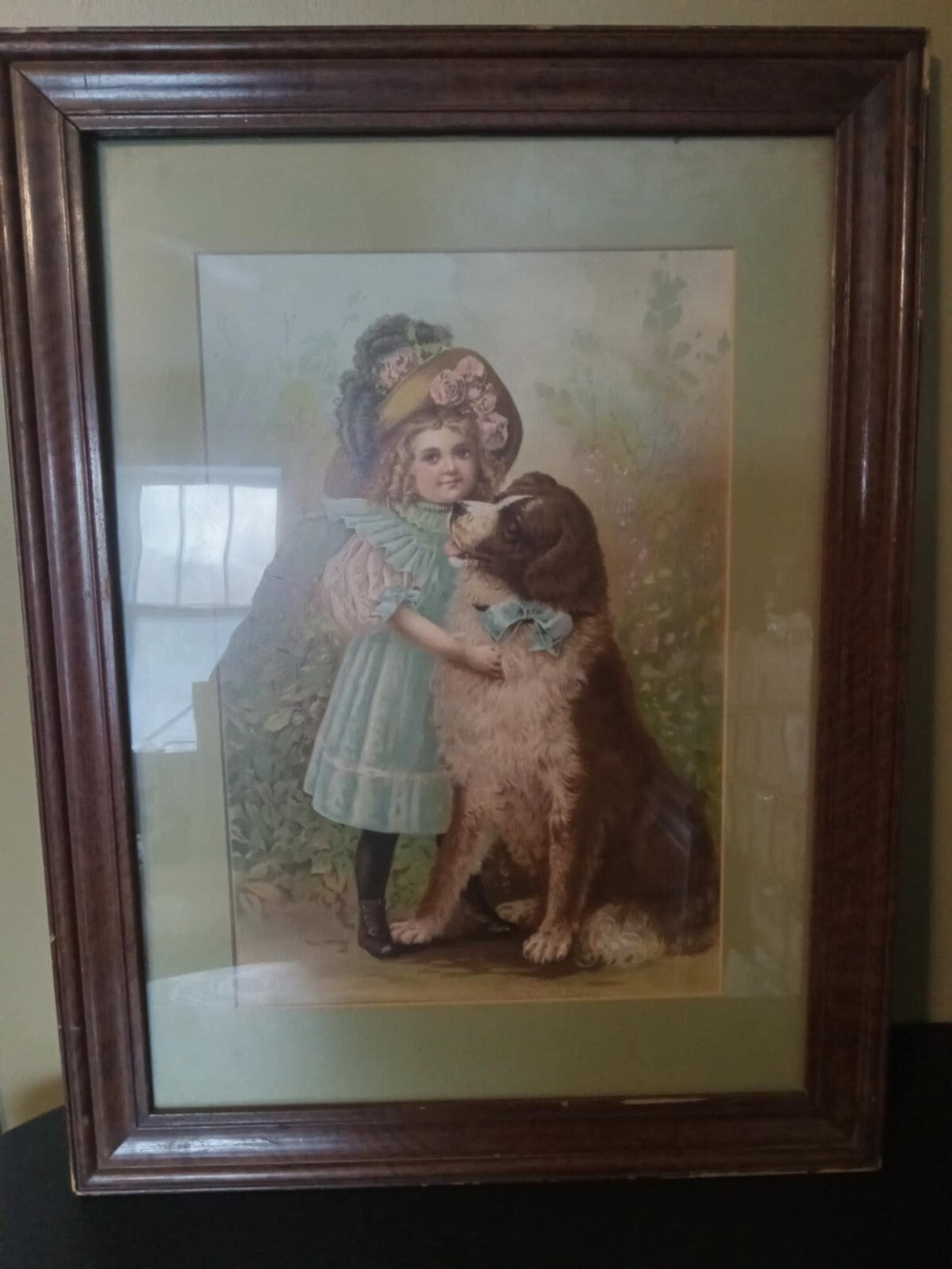 Vintage Framed Victorian Girl & Dog Painting – Antique Wall Art Pet Portrait Art