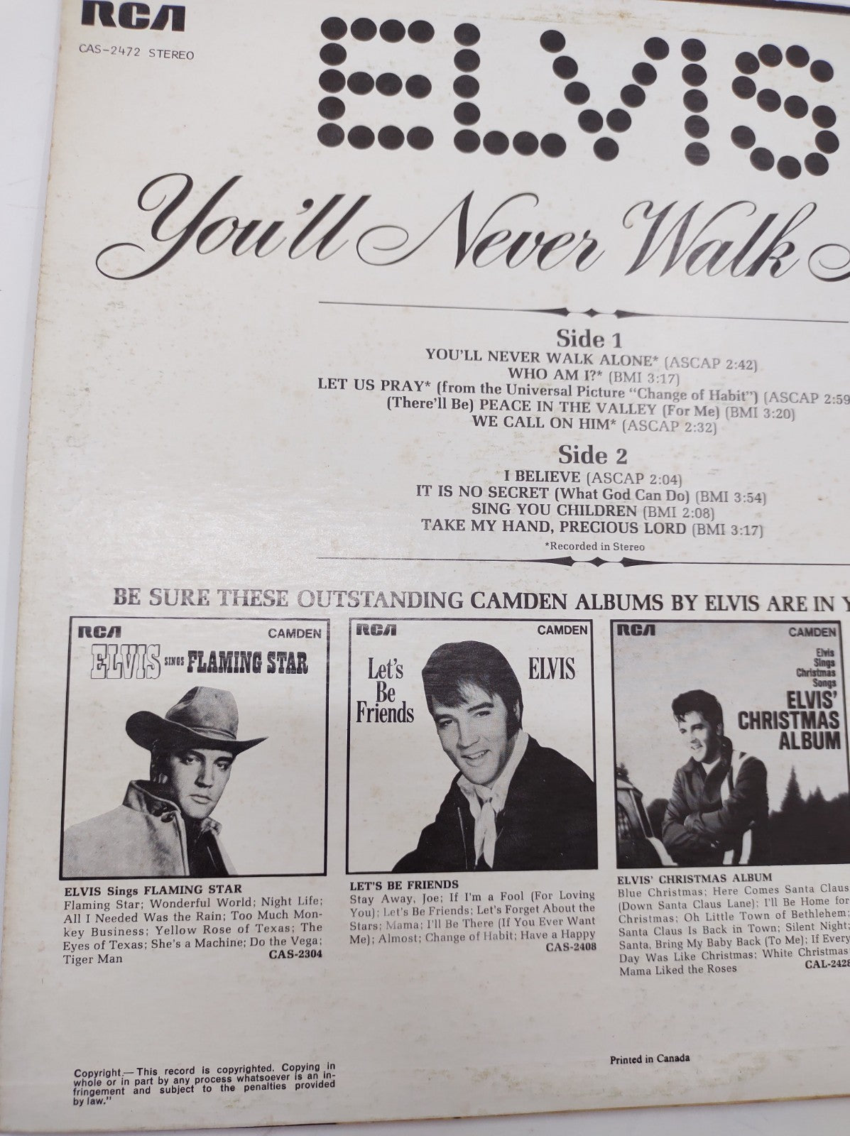 Elvis Presley – You'll Never Walk Alone Vinyl LP RCA Camden CAS-2472