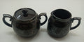 Gibson England Silver Overlay Redware Pottery Sugar Creamer Set Rustic Farm