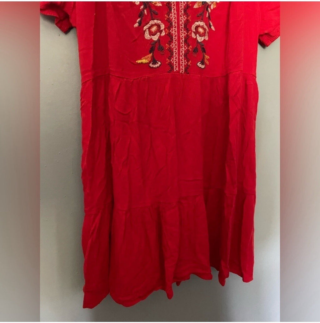 Red Floral Embroidered Tunic Blouse Boho India Style Summer Festival L