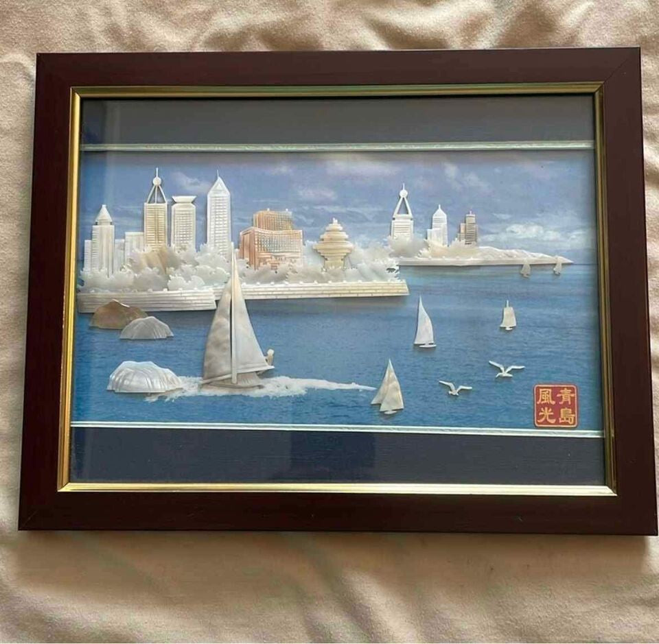 Vintage Carved Mother‑of‑Pearl Landscape Scene – Handcrafted Wall Art Pearl Art