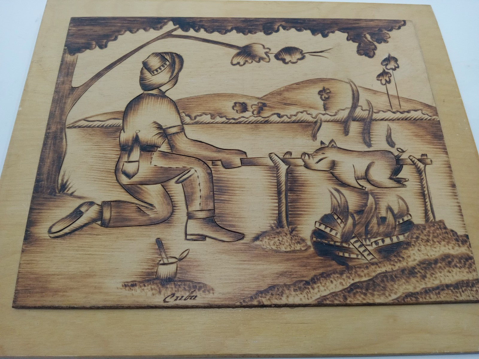 Folk Art Handmade Pig Roast Scene Wood Burned Plaque Kitchen Cabin Decor