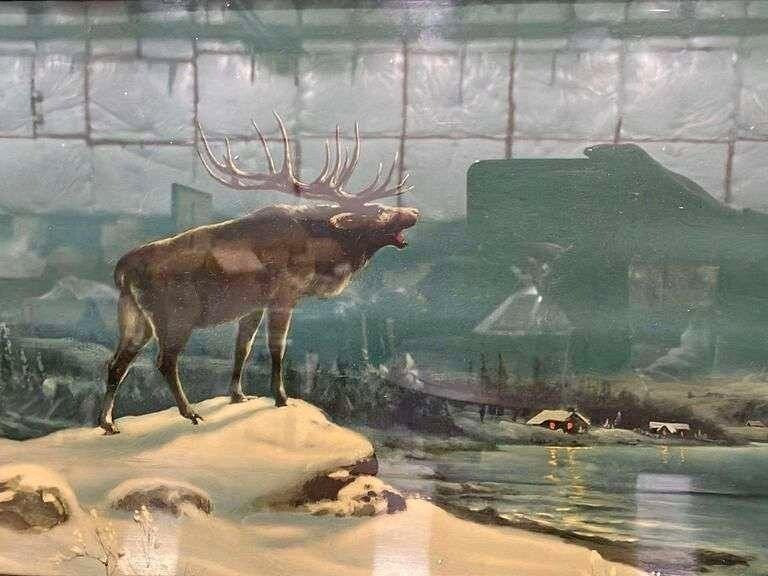 Antique 1927 Theo Lithograph “Call of the Night Elk” – Framed Art Framed Decor