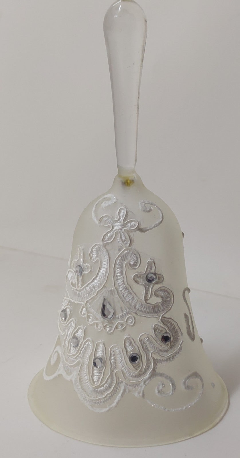 Elegant Frosted Glass Bell Ornament with White Lace & Rhinestone Accents
