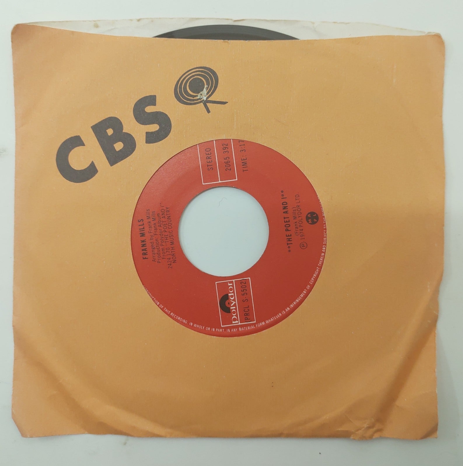 Frank Mills The Poet and I 7" 45 RPM Vinyl Record 1974 Polydor PRCL S-5502