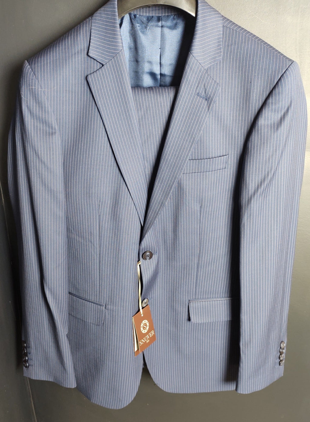 Snover Blue Pinstripe Suit Men's 38 Jacket/34W Pants 2-Pc Sharp Fit