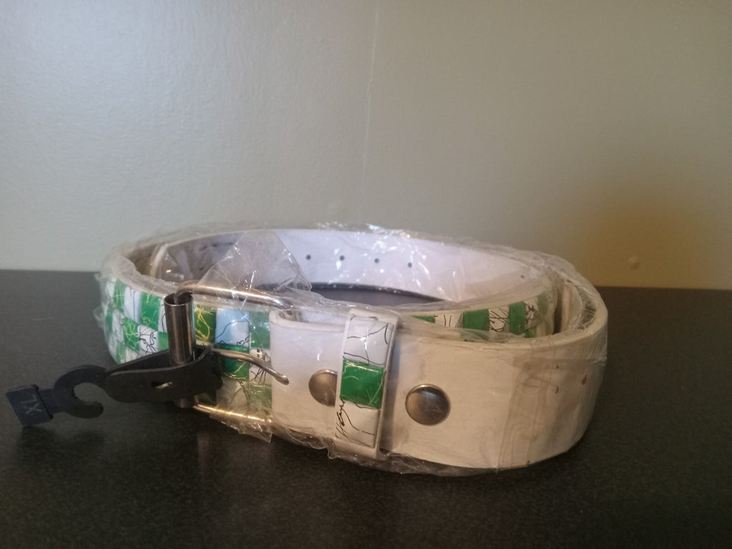 White Faux Leather Studded Belt Green Accents Alt Style Trend Fashion Adjustable