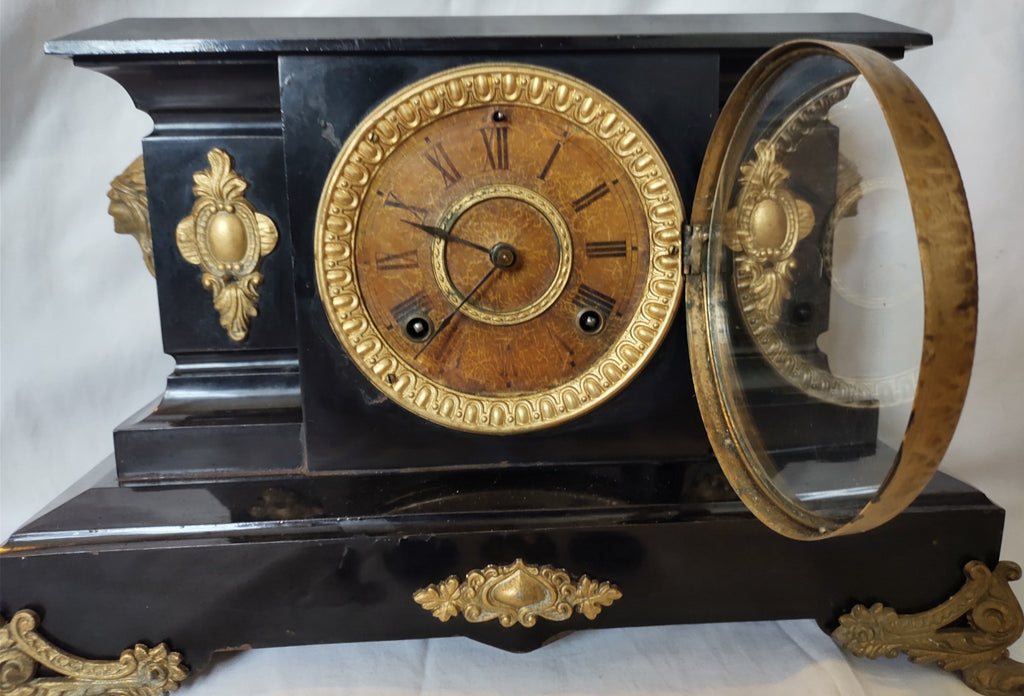 Antique 1886 Ansonia Cast Iron Figural Mantel Clock Empire Running Original