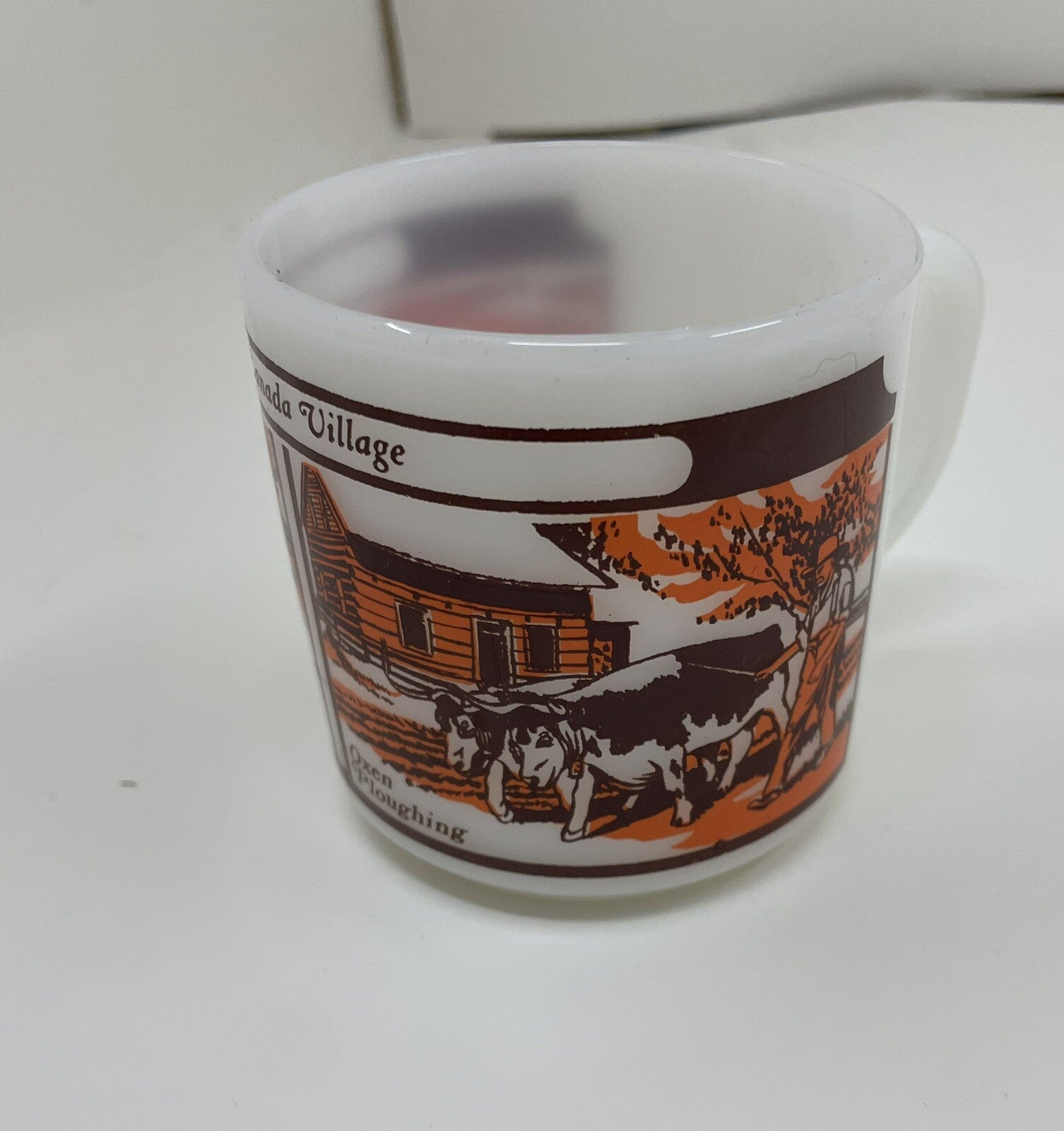 Glasbake Milk Glass Mug Upper Canada Village Souvenir Vintage White Retro