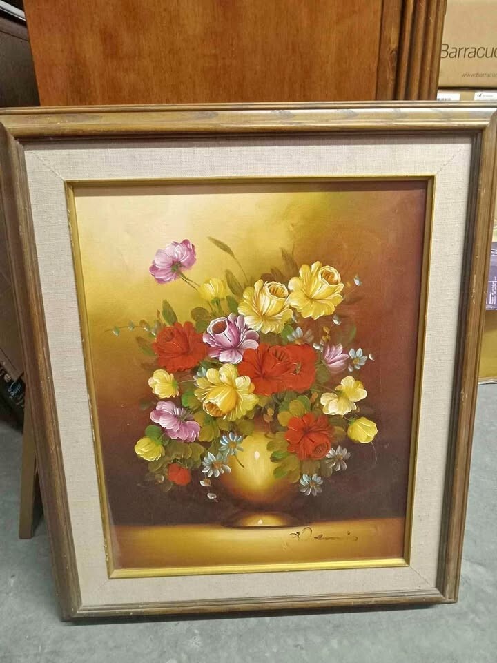 Antique Floral Oil Painting on Canvas – 22" x 26.5" Wall Art