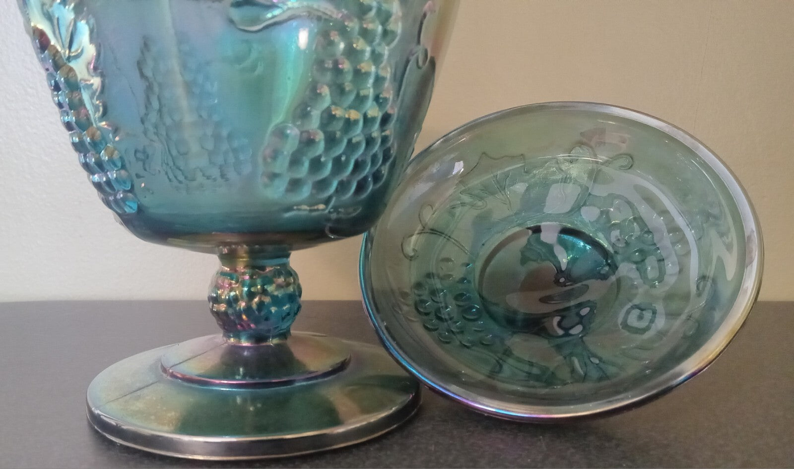Iridescent Blue Carnival Glass Candy Dish w/ Lid – Indiana Grape Pattern