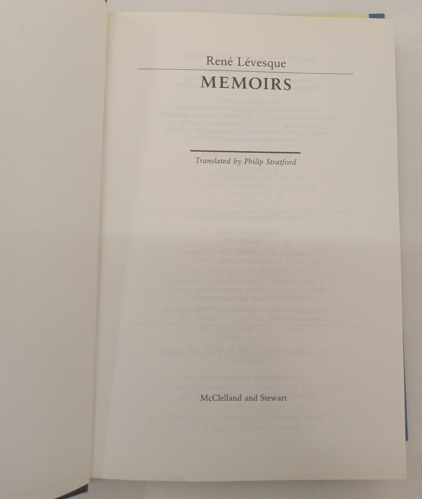 Memoirs of René Lévesque – VG+ Quebec Political Memoir Hardcover Book