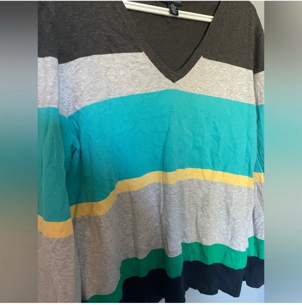 Tommy Hilfiger Blue Stripe V-Neck Women's Sweater Size XXL Preppy Knit
