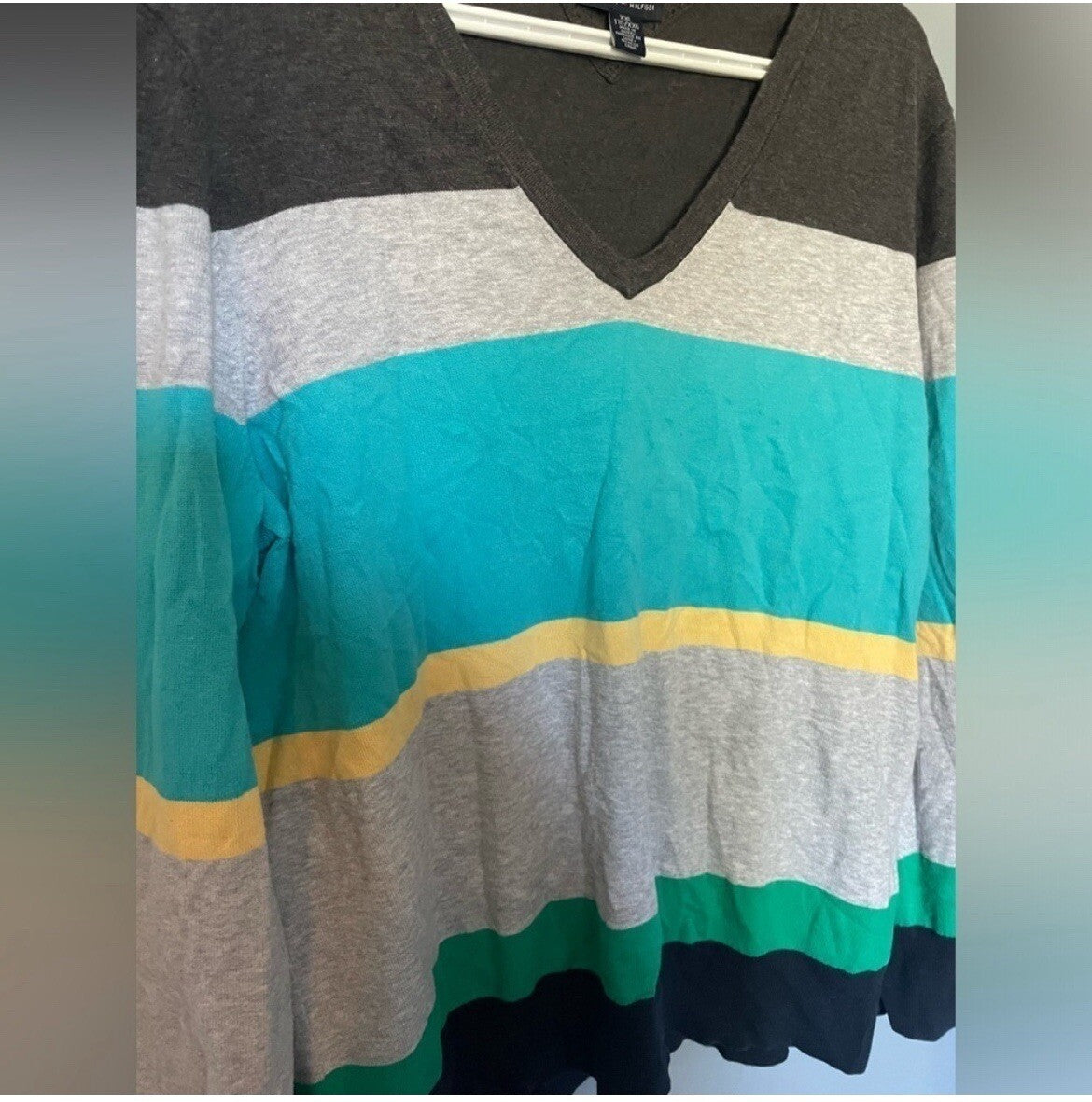 Tommy Hilfiger Blue Stripe V-Neck Women's Sweater Size XXL Preppy Knit