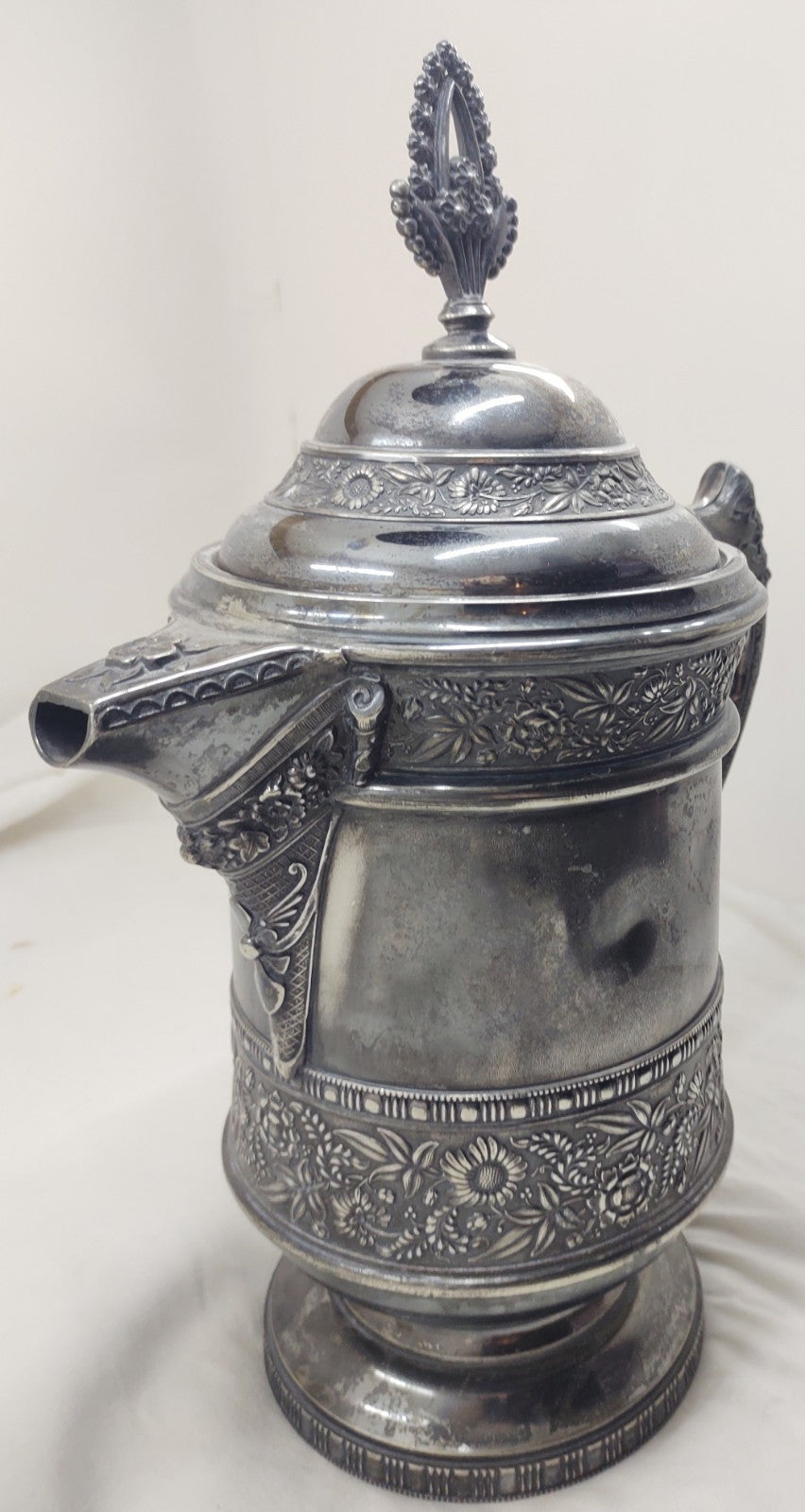 Victorian Repoussé Silverplate Ice Water Pitcher Hinged Lid Ornate Heavy