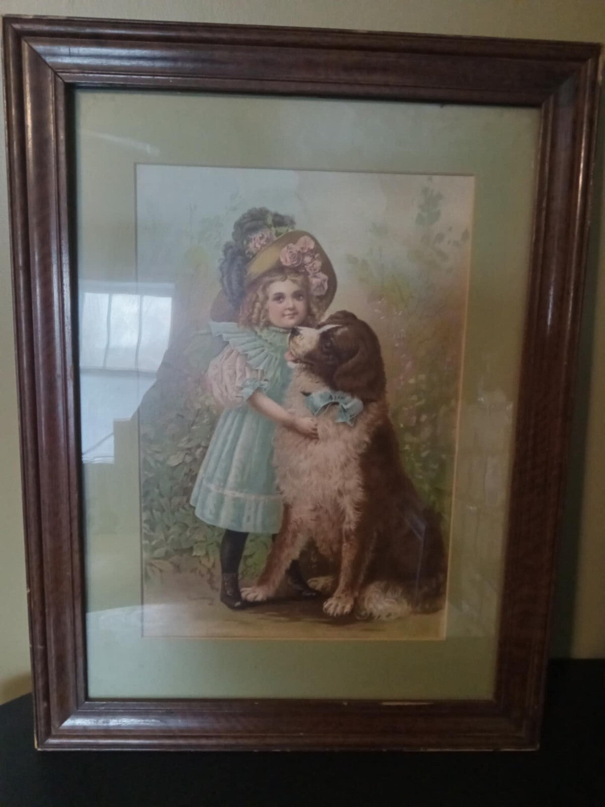 Vintage Framed Victorian Girl & Dog Painting – Antique Wall Art Pet Portrait Art