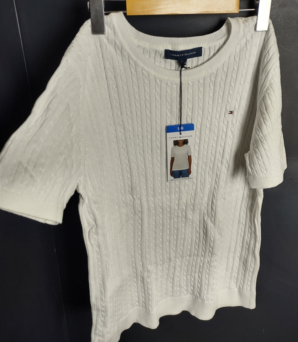 Tommy Hilfiger Women’s Large White Knit Short Sleeve Sweater Top Classic NWT