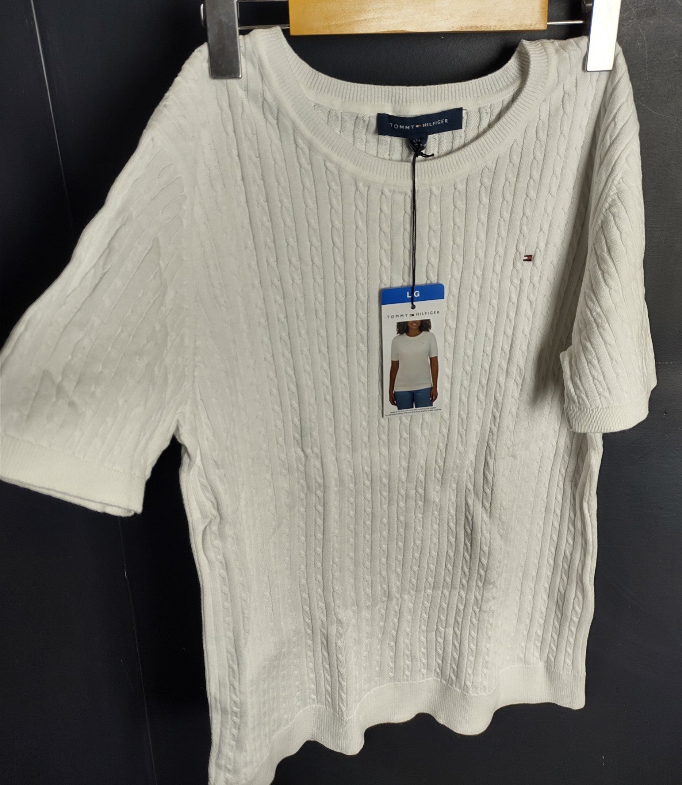 Tommy Hilfiger Women’s Large White Knit Short Sleeve Sweater Top Classic NWT