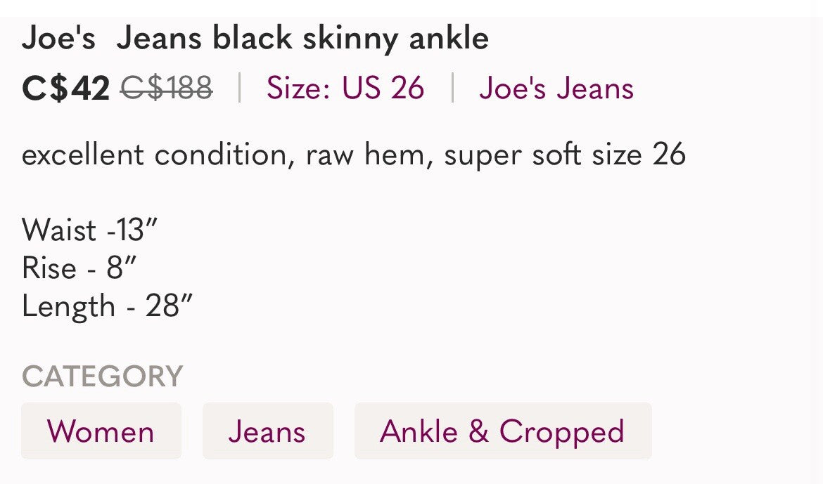 Joe's Jeans Black Skinny Ankle Denim Size 27 Raw Hem Stretch Sleek Fit