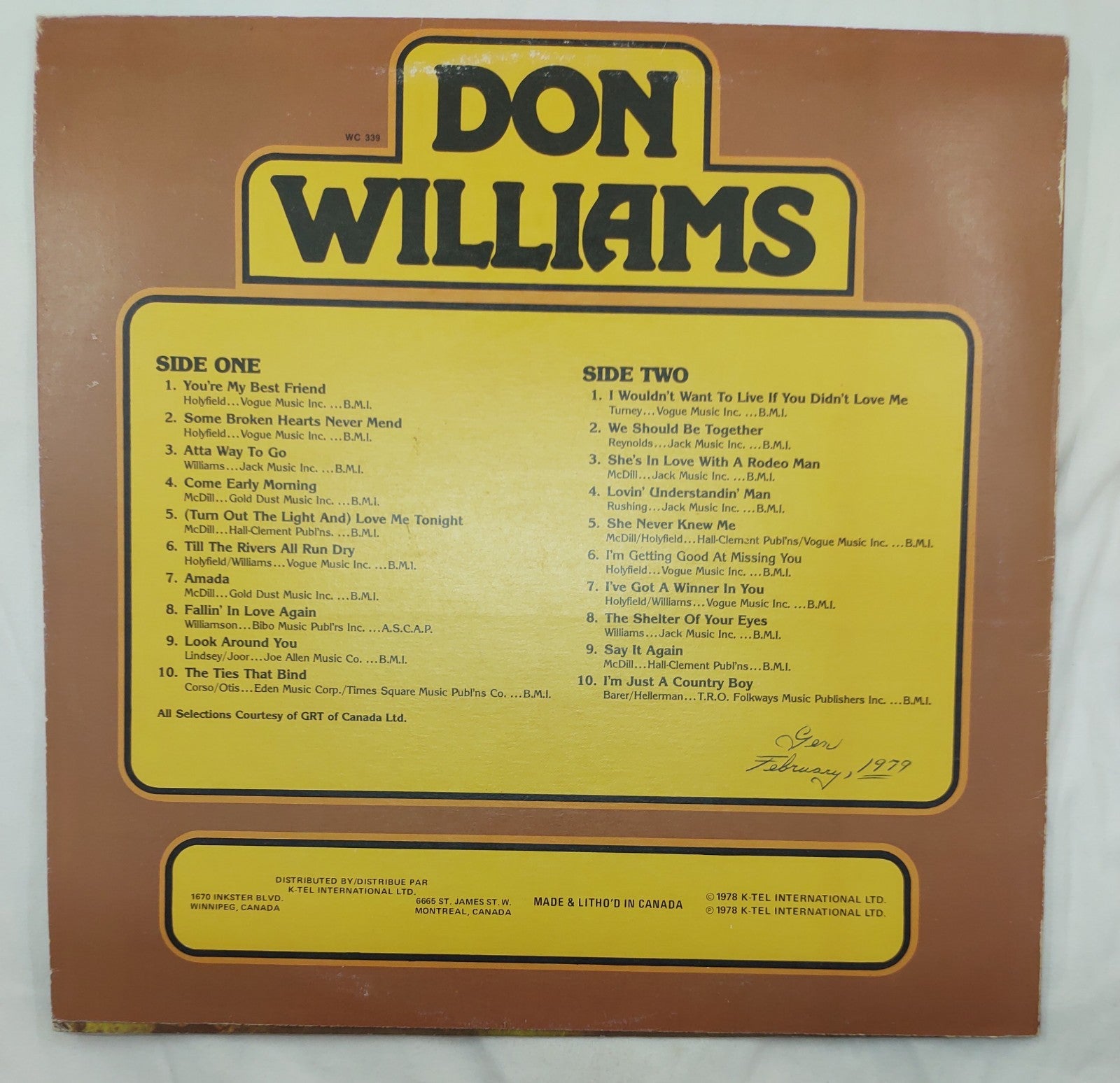 Don Williams – 20 Of My Best LP 1978 K-Tel WC-339 Country Hits